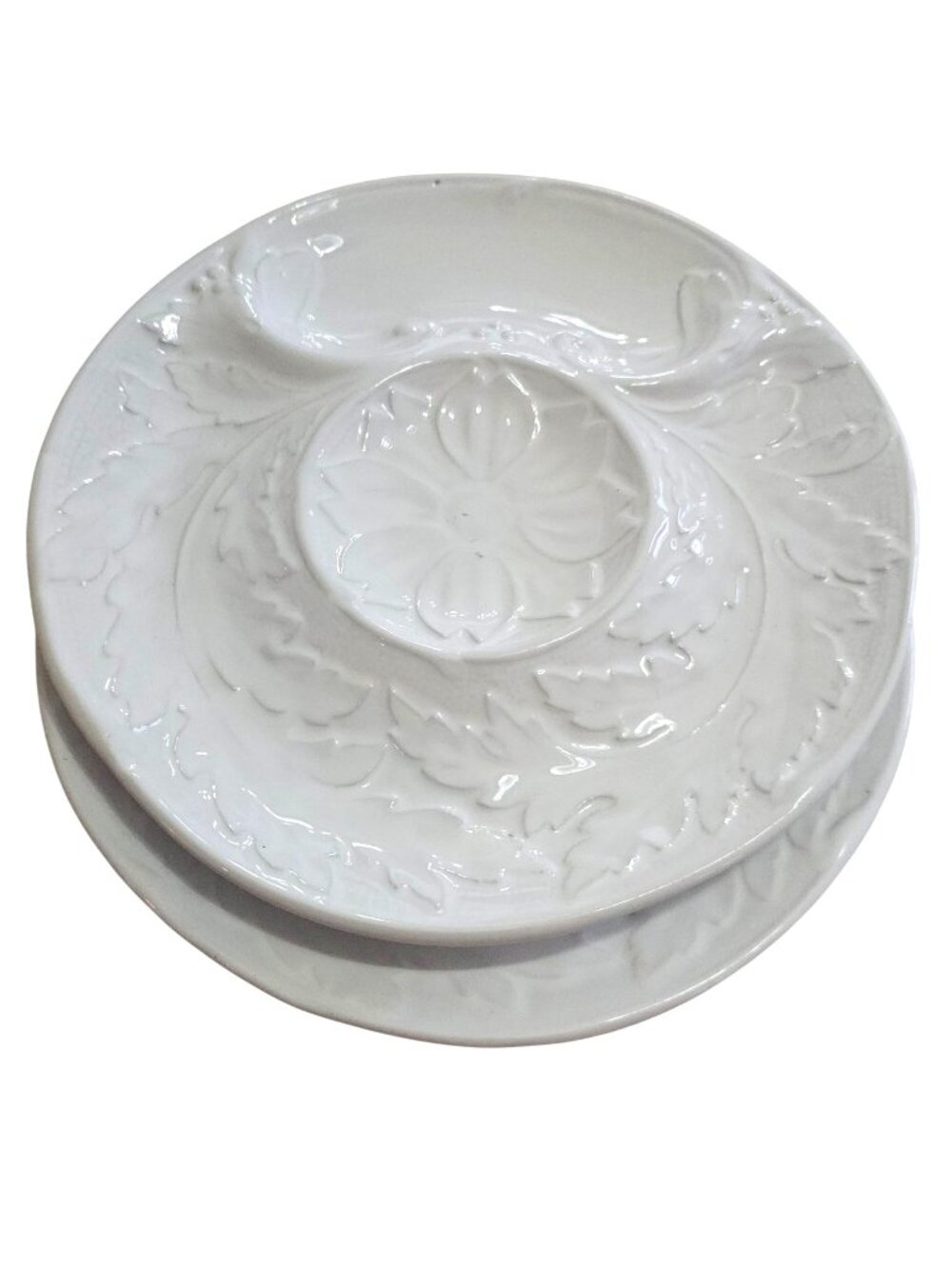 2 White Majolica Artichoke Plates country charm embossed ceramic vtg section